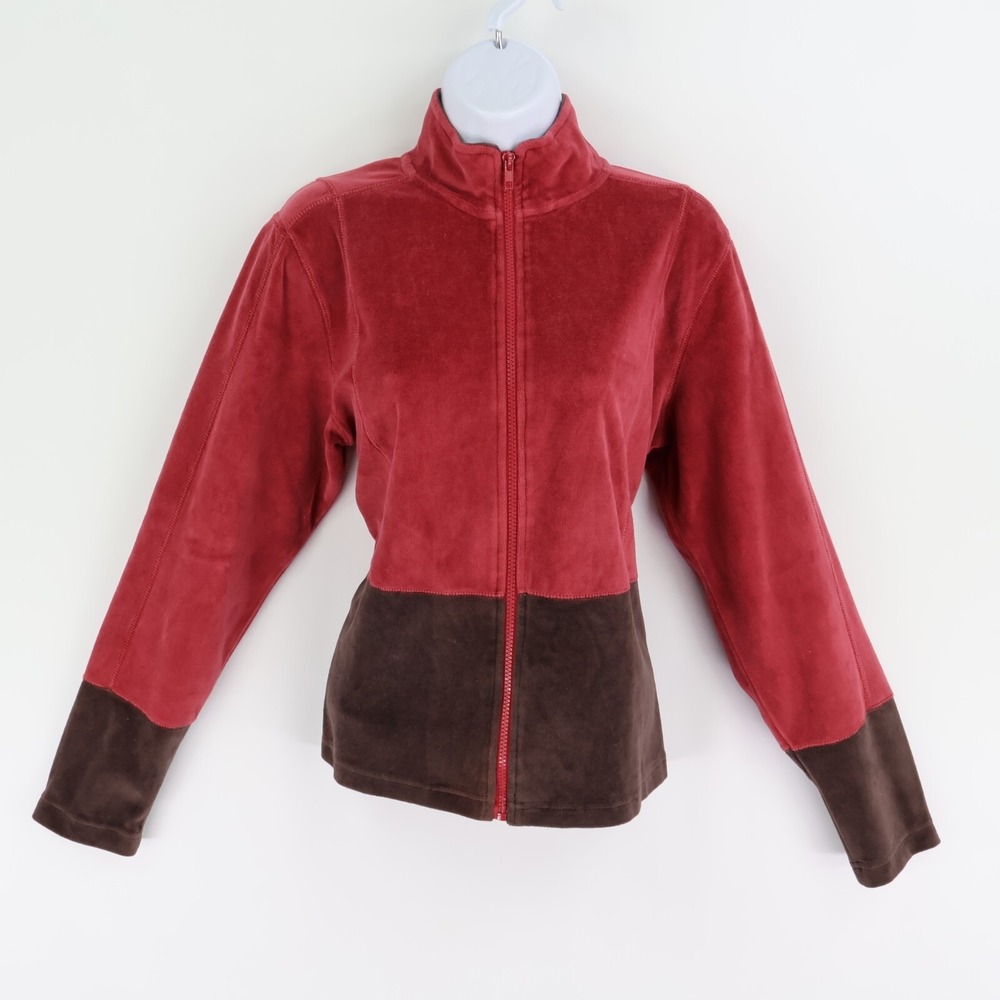 Passports Full Zip Jacket Womens M Red Brown Colorblock Cotton Blend Mock Neck